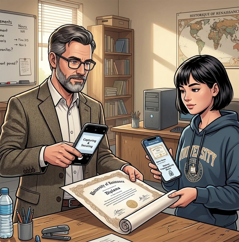 Illustration école délivrant un diplôme sécurisé — DiploPass